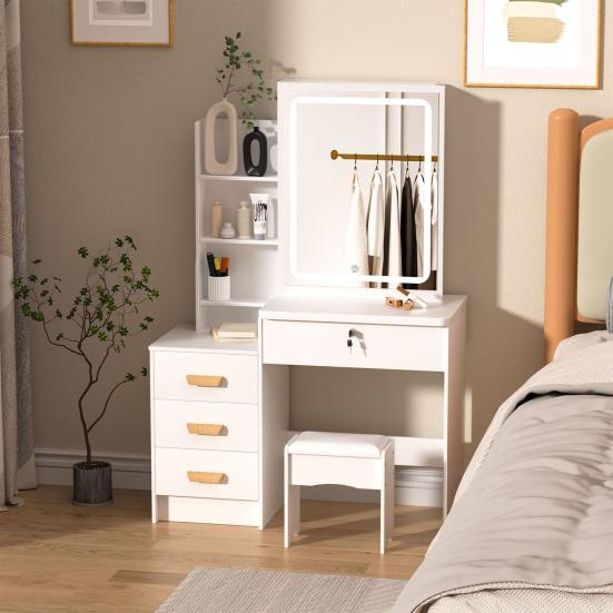 Vanity Desk with LED Lighted Mirror Makeup Mirror, Table 4 Drawers and Opening Shelves, Bedroom Dressing Stool