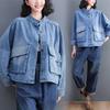 Свободные джинсовые куртки с большим карманом и воротником-стойкой для женщин, с длинным рукавом, свободная верхняя одежда с длинным рукавом, женское пальто 2025 Осень