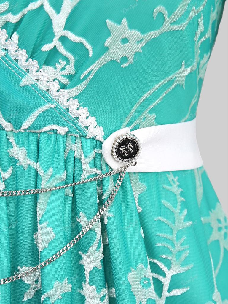 Rosegal Большие размеры, флокированная сетка с цветочным принтом, бант, пуговицы, цепочки, вставка, рюши, кружевная отделка, галстук 2 в 1, топ