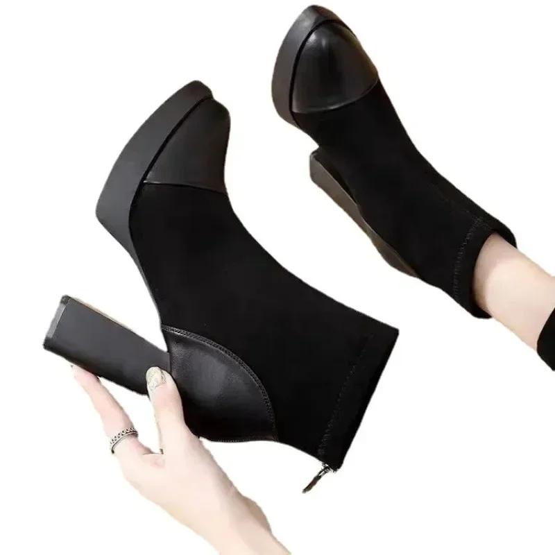 2025 Обувь для женщин Женские сапоги на молнии Зимние туфли с острым носком на высоком каблуке Женские короткие модные сапоги на толстом каблуке