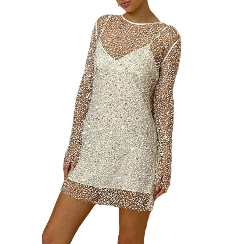 1011 women's clothing size bubble bead perspective mesh yarn two-piece suspender dress