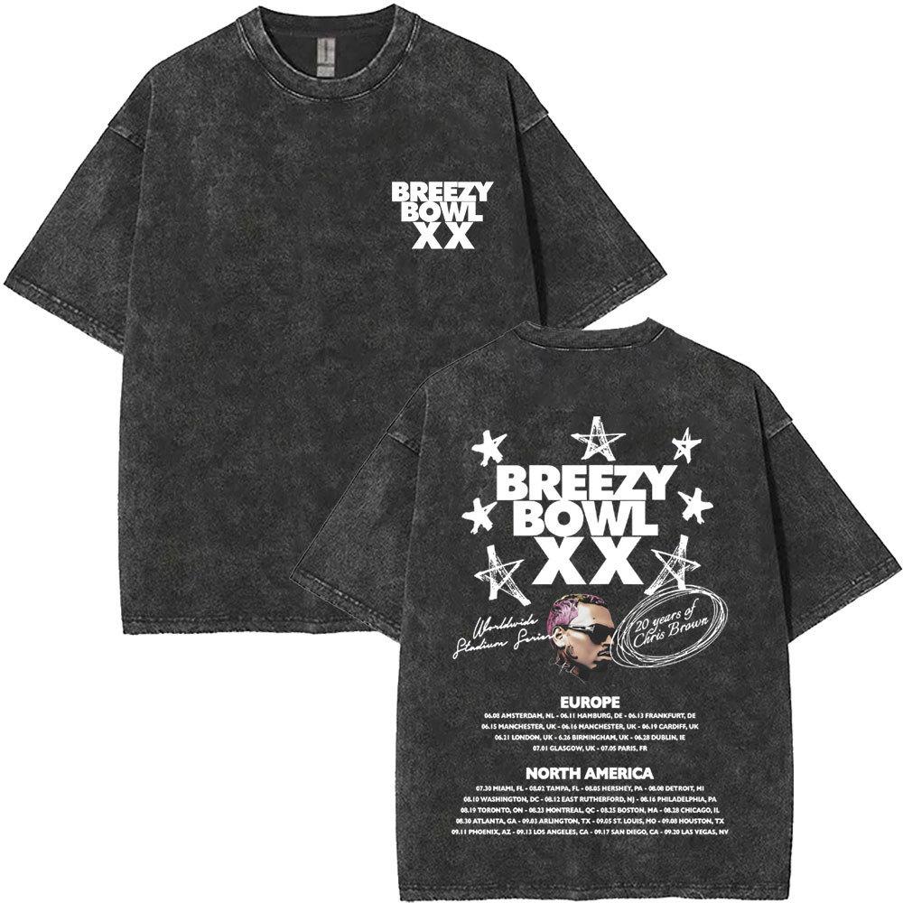 Washed Chris Brown Breezy Bowl Xx Tour T-Shirts Men Hip