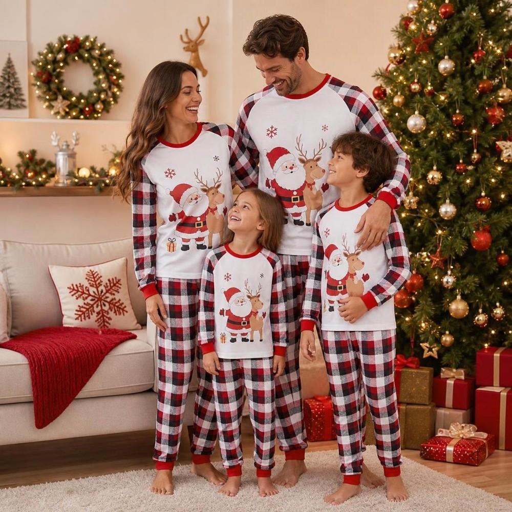 Santa Claus Christmas Pyjamas Set Plaid Printed Couple Christmas Outfit Loungewear