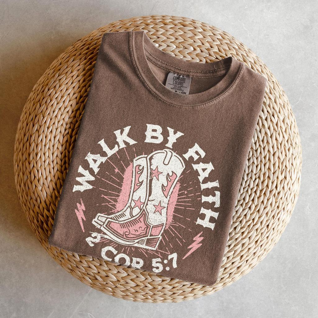 Walk By Faith Shirt - Christianity Comfort Colors Shirt: Western Christian Shirt, Cowgirl Boots Tee, Bible Verse Shirt, Retro Cowboy Shirt
