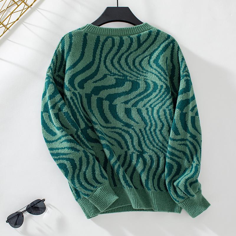 Осень-зима Винтажный свободный топ с длинными рукавами с леопардовым принтом, трикотажный свитер с круглым вырезом