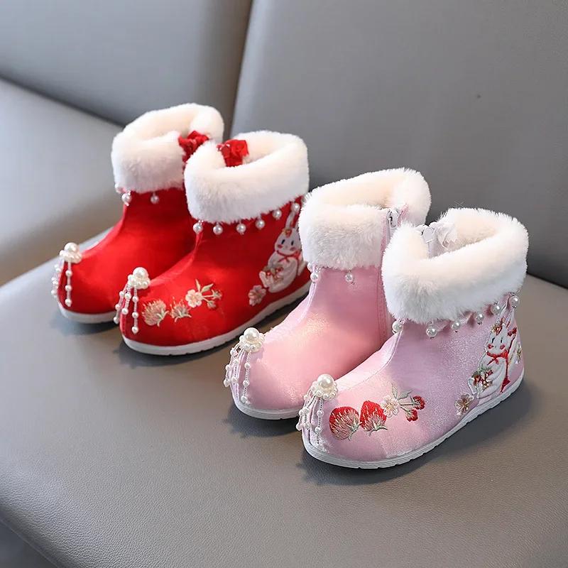 Короткие сапоги в этническом стиле для девочек, детские, с вышивкой в виде кролика и цветов, с жемчугом, элегантные, на молнии, милые детские сапоги принцессы, на плоской подошве