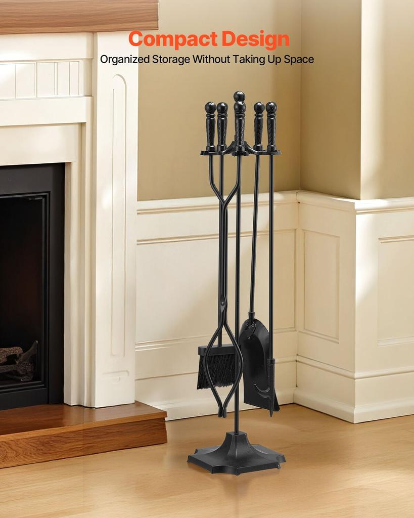 Fireplace Tool Set, 5 PCS Fire Tool Set and Holder with Five-Prong Stand, Tongs, Ash Shovel, Brush, Fire Place Poker, Wrought Iron Fireplace