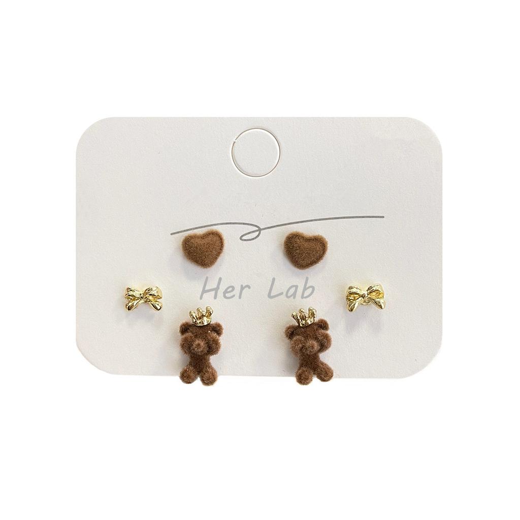 Милые серьги с короной, флокированные серьги с медведем, комплект серебряных игл, новые милые детские серьги с персиковым сердцем, универсальные серьги