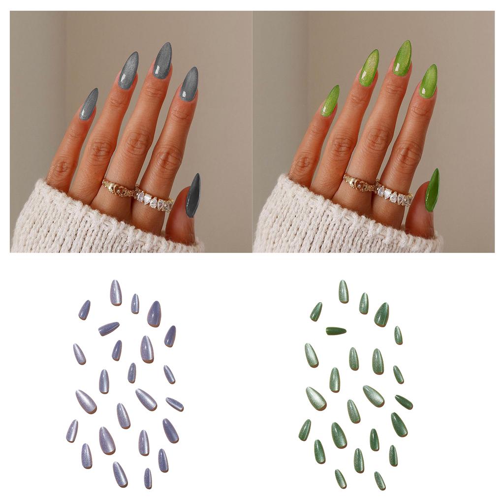 Накладные ногти с полным покрытием, розовые, средние, миндальные, накладные ногти с эффектом кошачьего глаза, накладные ногти с блестками, маникюрные принадлежности