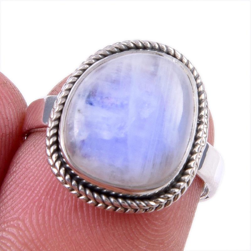 Natural Rainbow Moonstone Gemstone 925 Solid Sterling Silver Ring Size 6 A5B06