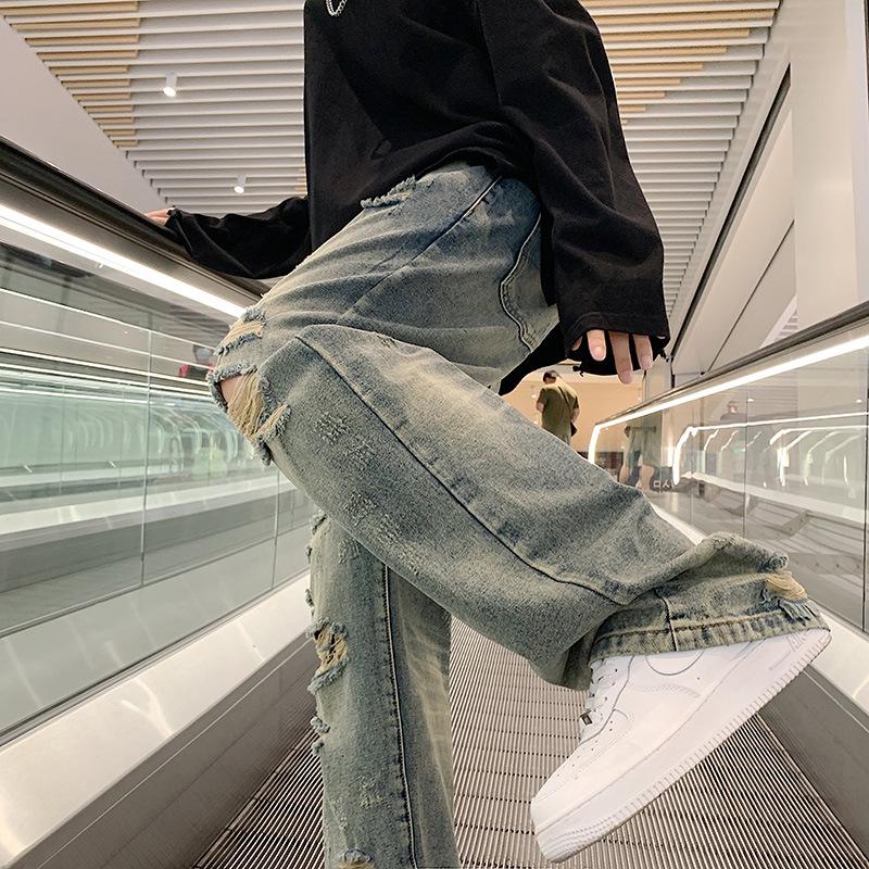Летние уличные ретро рваные вареные джинсы прямого кроя для мужчин и женщин