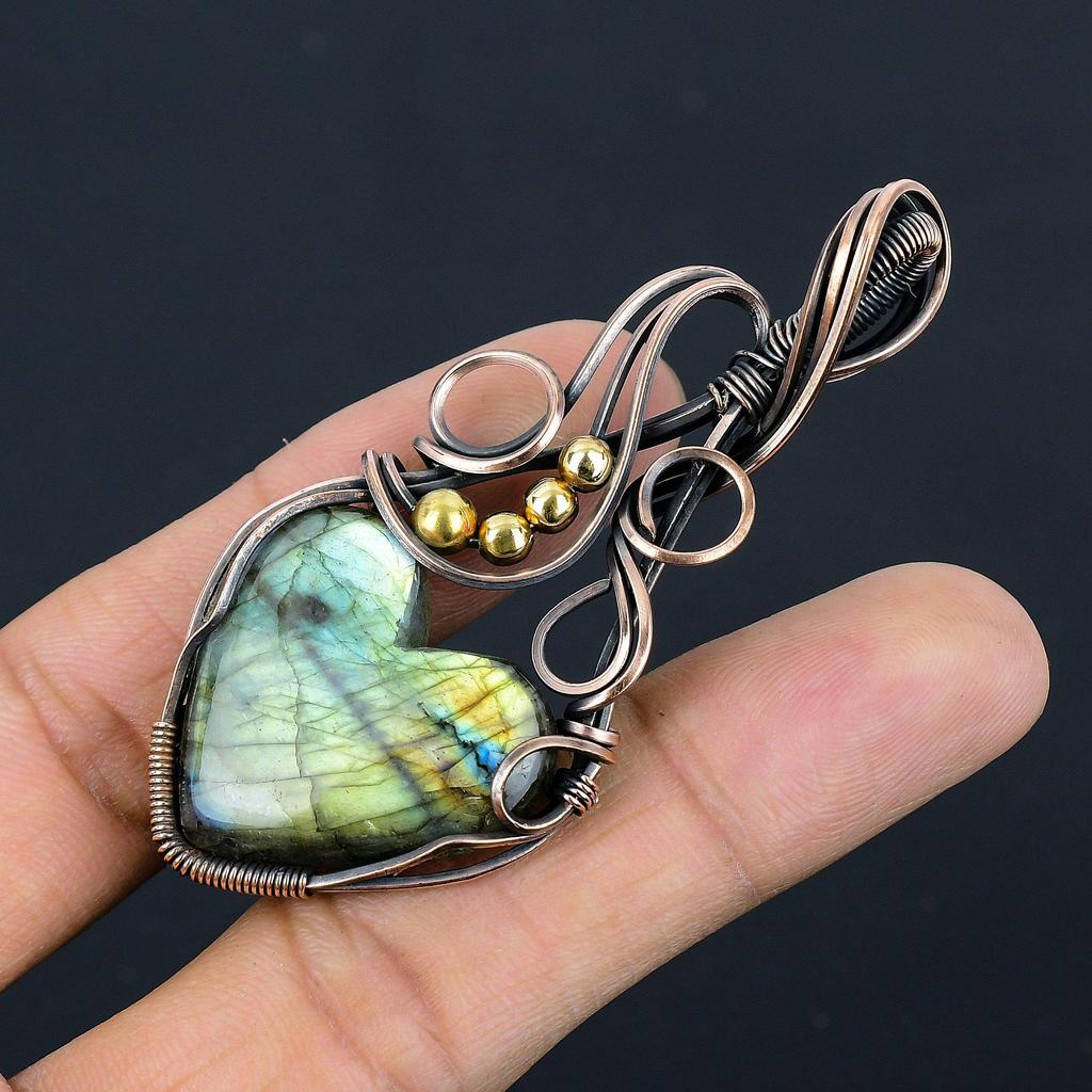 Подвеска из лабрадорита, Подвеска ручной работы, обернутая медной проволокой 999 пробы, Антикварное украшение, Для подарка, Серебряное украшение