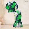 Women Plus Size Round Neck Batwing Sleeve Black Green Clover Printed Ruffle Hem Top Fishtail Skirt Two Piece Set