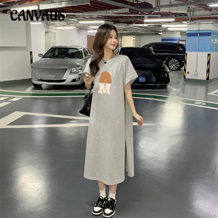 Women's Short-sleeved T-shirt Dresses Summer Loose Knee-length Casual Plus Size Dress Split Dress