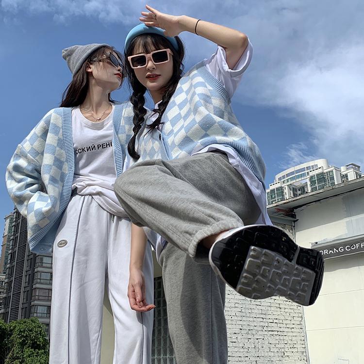 Корейский стиль, клетчатый кардиган большого размера, свитер, женский винтажный вязаный жакет в клетку, модный джемпер с длинными рукавами, женский