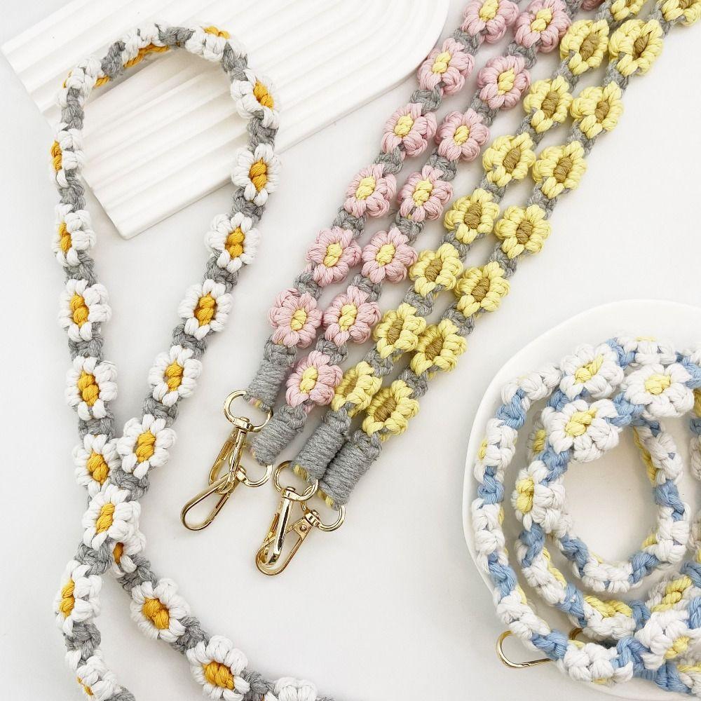 Cute Daisy Flower Macrame Keychain Handmade Bags Handle Chain Bohemian Key Fob Strap for Women