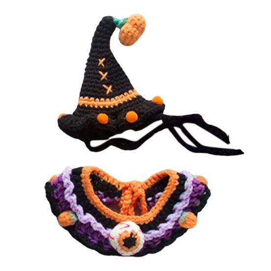 Хэллоуин Домашний питомец Шляпа-тыква Набор ошейника с привидением Регулируемый наряд в готическом стиле для кошек, маленьких собак, вязаные аксессуары для костюма