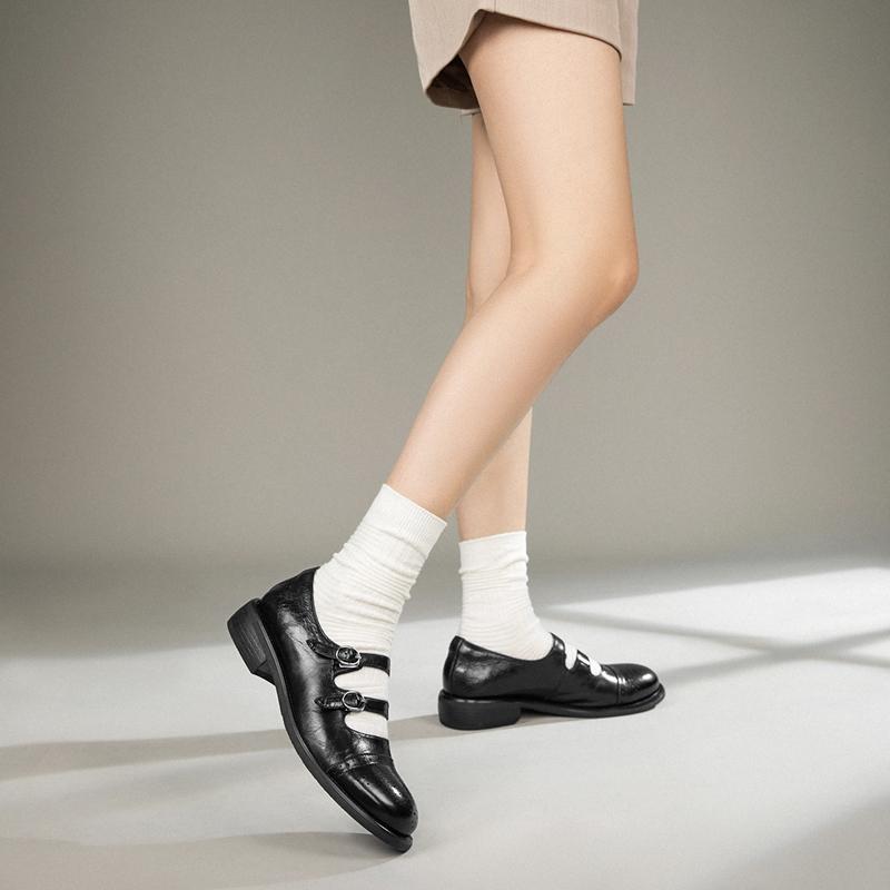 Cowhide Hollow Mary Jane Shoes with Double Straps