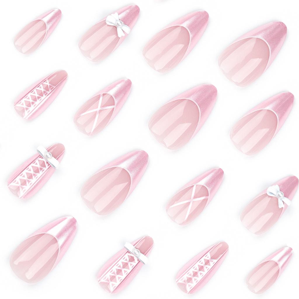 24 Pieces Wearable Nail Piece Sweet Girl French Pink Manicure Bow Pearl Staggered Almond Wearing Nail