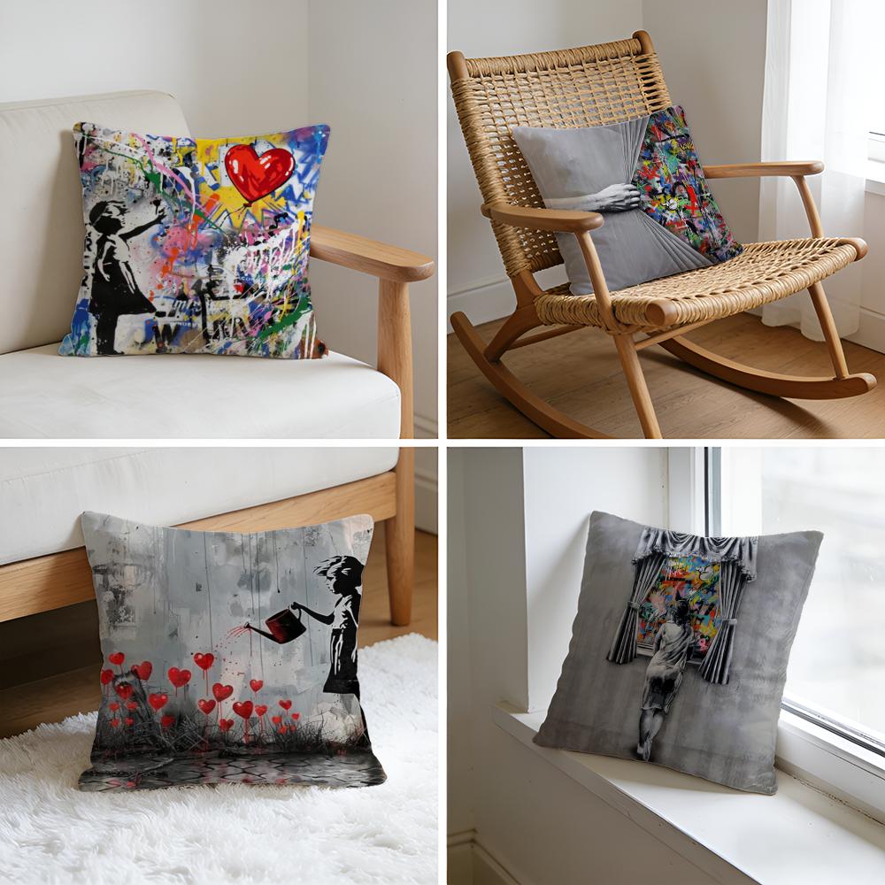 Cushion Cover Washed Linen Soft Breathable Decorative Case for Sofa Home Pillow cover Banksy Street Graffiti Art