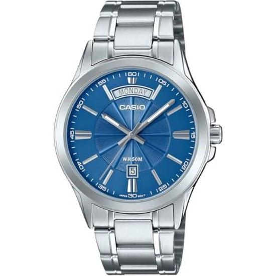 Мужские аналоговые кварцевые часы CASIO MTP-1381D-2AV с металлическим браслетом, серебристо-синие, международная модель