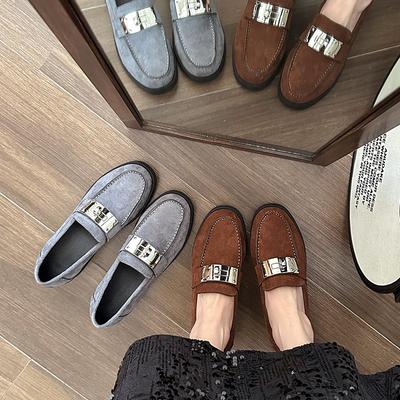 Женские лоферы большого размера с одной педалью, 2025 год, британский стиль, круглый носок, замшевые туфли из мелкой кожи, на высоком каблуке, легкие и удобные