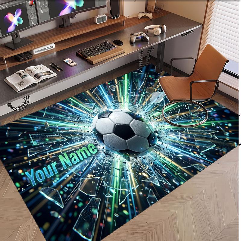 Soccer Theme Soft Crystal Velvet Rug Custom Name & Text Print Non Slip Floor Rug for Bedroom Living Room