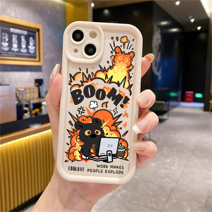 Чехол для Apple iPhone 11 15 Pro Max 14 Plus 13 12 16 Ударопрочный Силиконовый Funda Чехол для телефона Мультяшный Черный Кот Взрыв