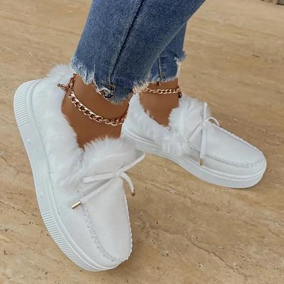 Уютные женские ботильоны, однотонные короткие ботинки с повседневным декором в виде банта, плюшевая подкладка для комфорта, идеальные зимние ботинки