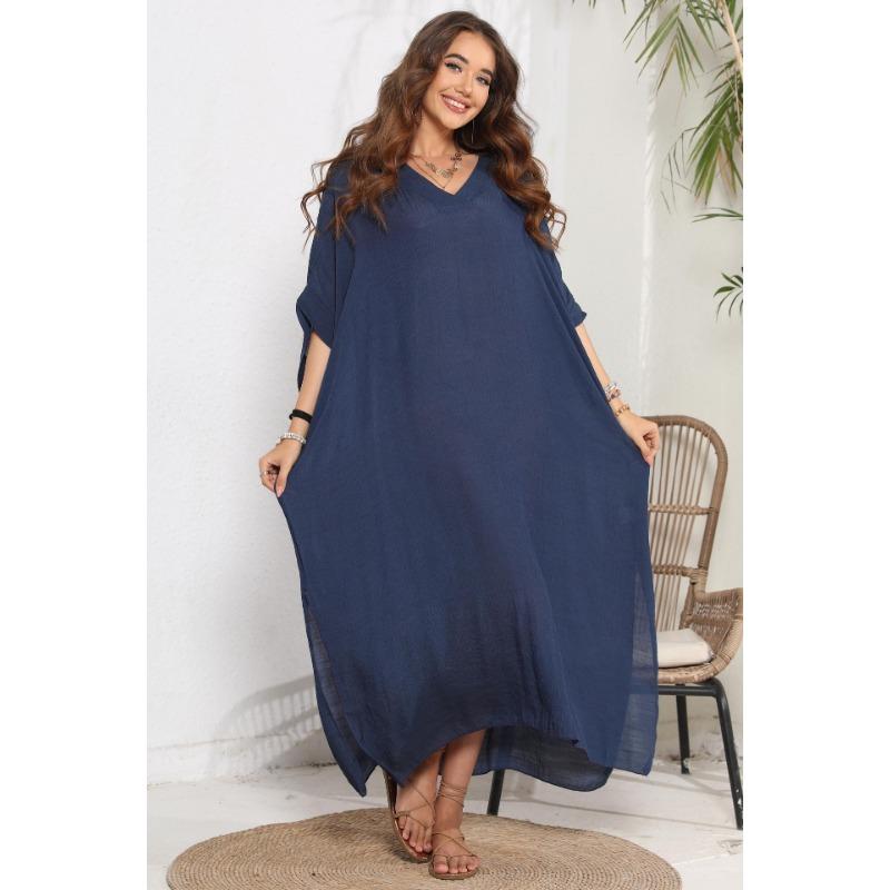 Женское свободное повседневное платье с V-образным вырезом, разрезом и юбкой длиной до пола