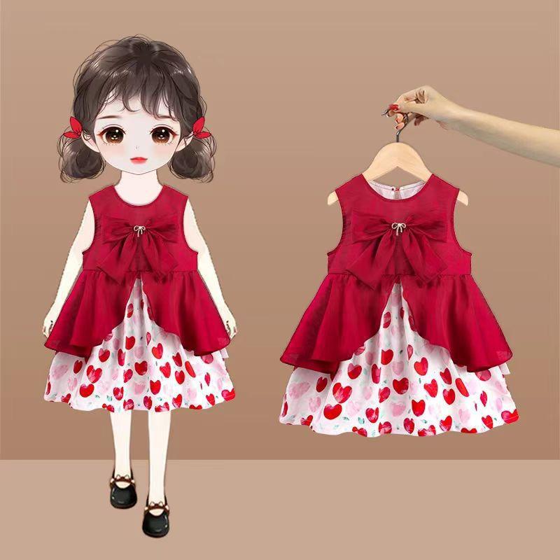 Girls Summer Checkered Dress with Strawberry Print and Polo Collar