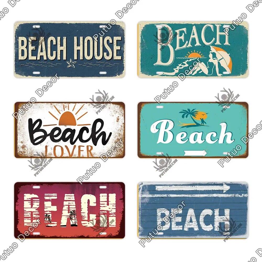 Putuo Decor Beach Retro Tin Sign Licenses Plate Plaque Metal Vintage Poster for Pub Bar Surf Club Man Cave Wall Art Decoration