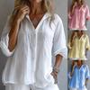 Women's Casual V-Neck Button-Down Linen Shirt with Roll-Up Sleeves In White, Pink, Yellow, Blue