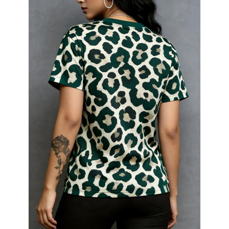 2026 Dark Green Leopard Print Round Neck T Vintage Wild Style Shirt Women's Loose-Fitting Short Sleeves