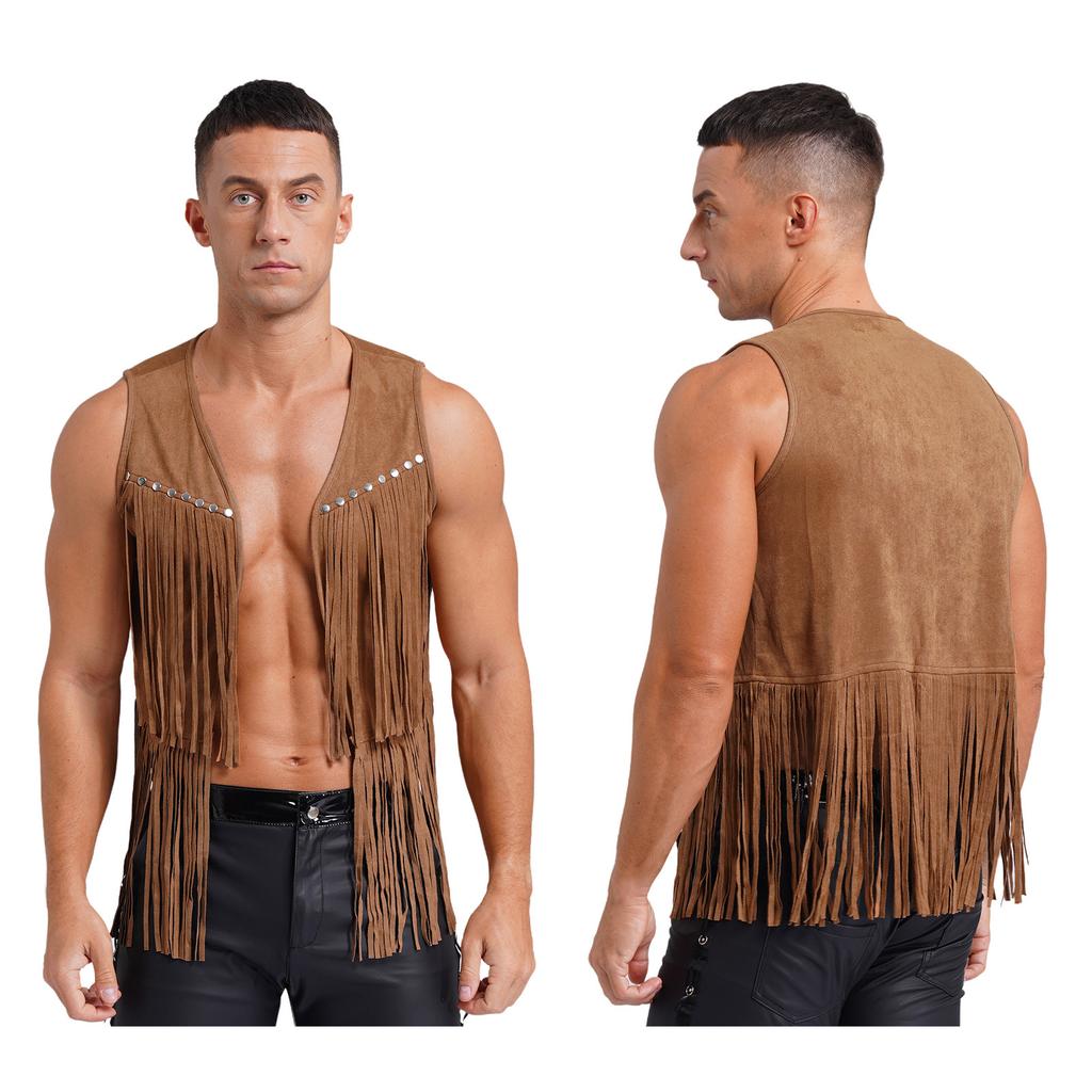 Mens Western Cowboy Vintage Faux Suede Tassel Vest Tops Open Front Rivets Fringe Waistcoat Jacket Festival Rave Party Clubwear