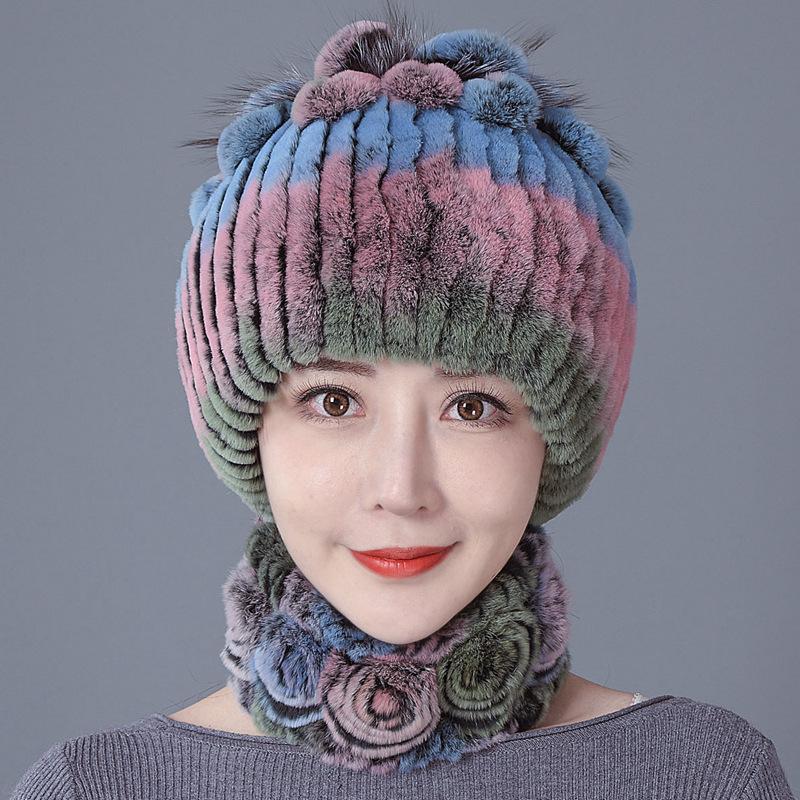 Шапка из меха кролика, женская зимняя мода, универсальная, теплая, зимняя защита для ушей, шарф из меха кролика Рекс, комплект из двух предметов, меховой костюм из меха