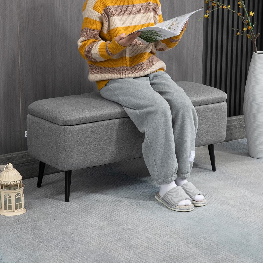 Storage Ottoman With Flip Top Rectangular Upholstered Bench Linen Look Fabric Footstool With Steel Legs For Living Room