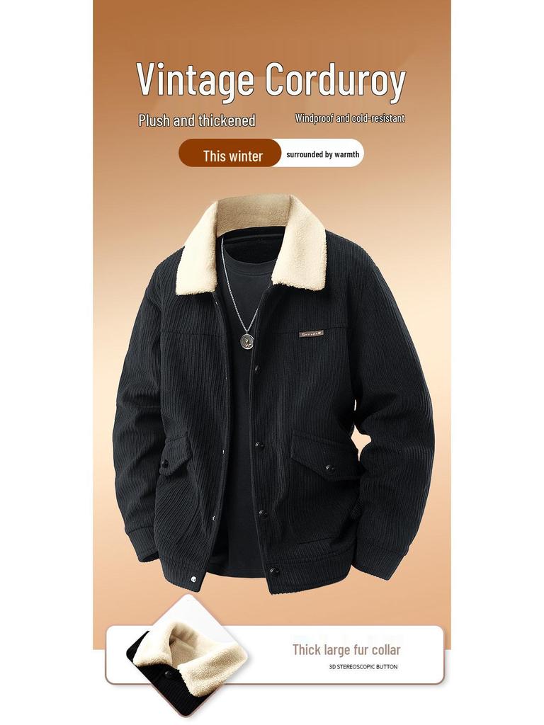 Мужская зимняя вельветовая куртка, на бархатной подкладке, с лацканами, модного свободного кроя, повседневного универсального дизайна