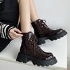 Fashion Retro Wine Red Thick Bottom Chunky Heel Ankle Boots Women Spring Autumn Patent Leather Lace Up Female Western Cowboy Short Botas