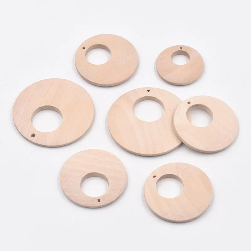 12pcs Flat Hollow Round 30 40 50mm Natural Wood Pendants Eco-friendly Beads for DIY Crafts Woodcraft Jewelry Making Accessories