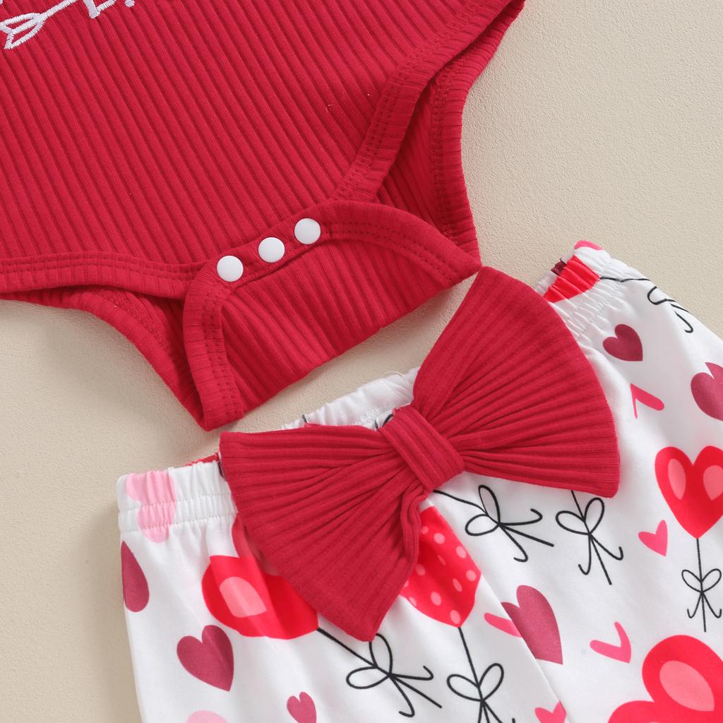 Наряды на День святого Валентина для маленьких девочек: комбинезон с вышивкой + расклешенные брюки + повязка на голову, комплект одежды для младенцев