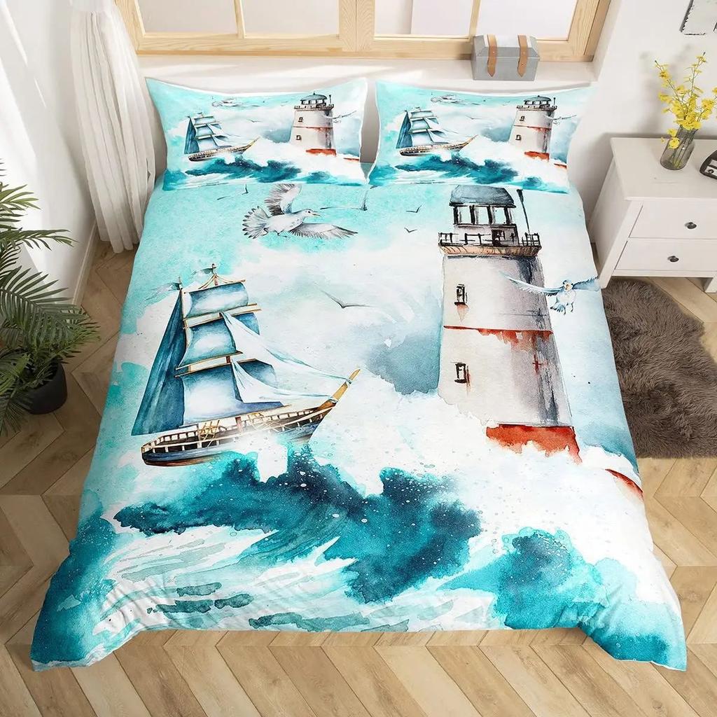 Vintage Nautical Anchor Duvet Cover Set Sailing Lighthouse Bedding Cover With Pillowcase Quilt Cover Three-Piece Set