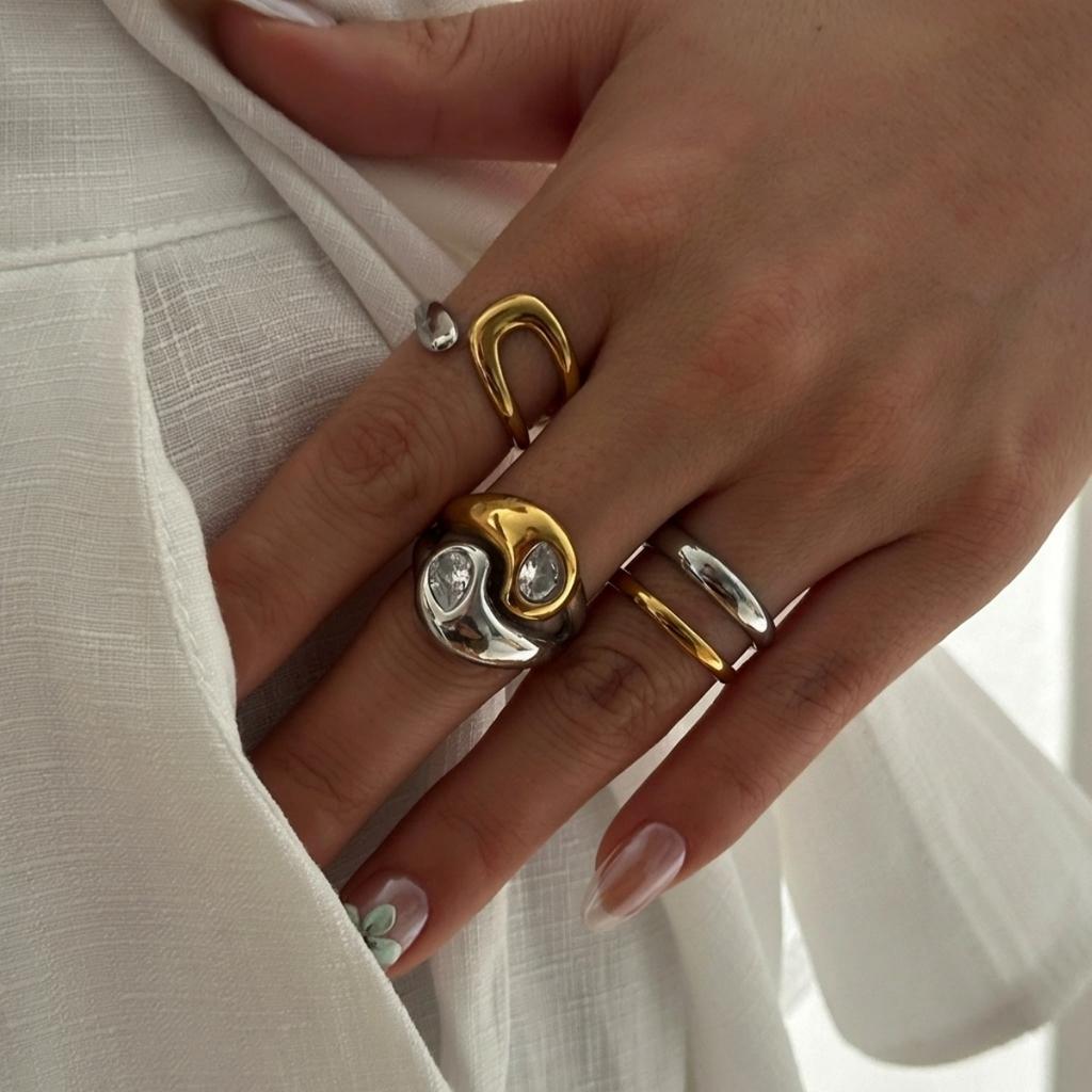 Stainless Steel Gold Color Silver Color Waterdrop Finger Rings For Women Men Simple Geometric Stripe Stackable Open Ring Jewelry