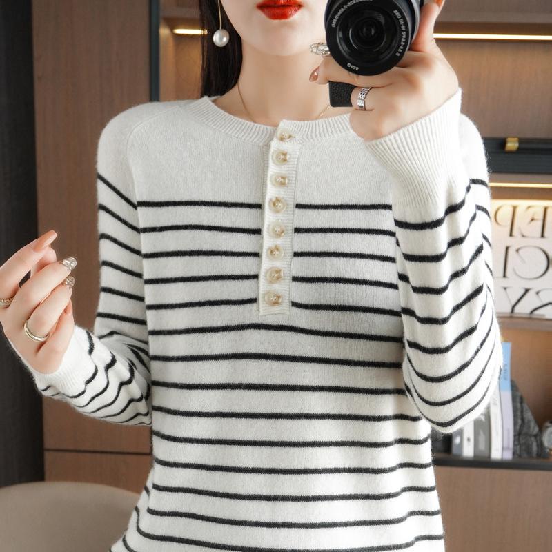 Crew Neck Bottoming Shirt Women's Autumn and Winter Loose and Versatile Sweater Striped Skin-friendly Warm Top