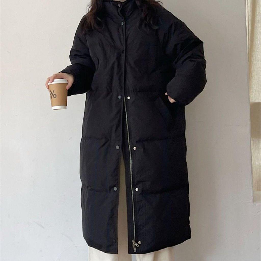 Женский пуховик средней длины в корейском стиле - Однотонный, воротник-стойка, свободный крой, теплая зимняя куртка.