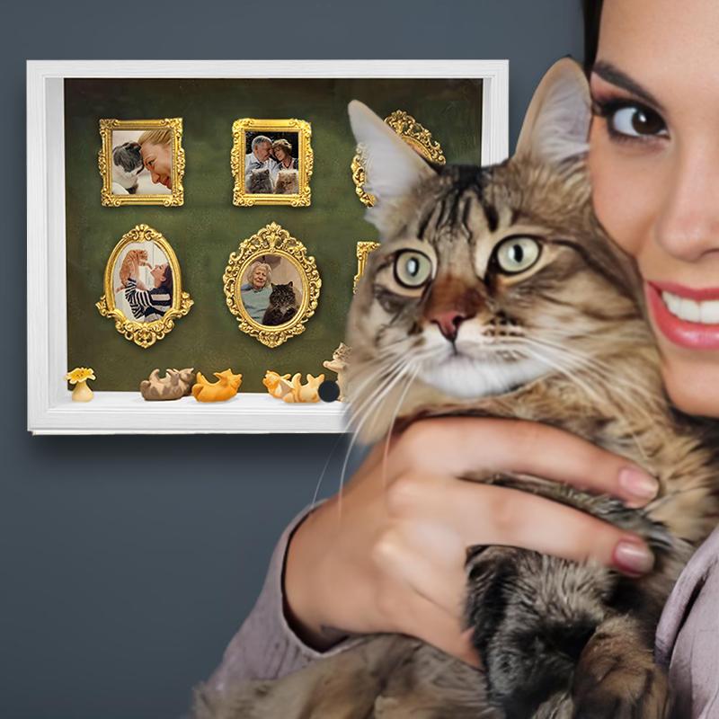 DIY Cat Mini Museum Silhouette Box, Familyand Cat Memory Photo Display Case Frame Silhouette Box With Light
