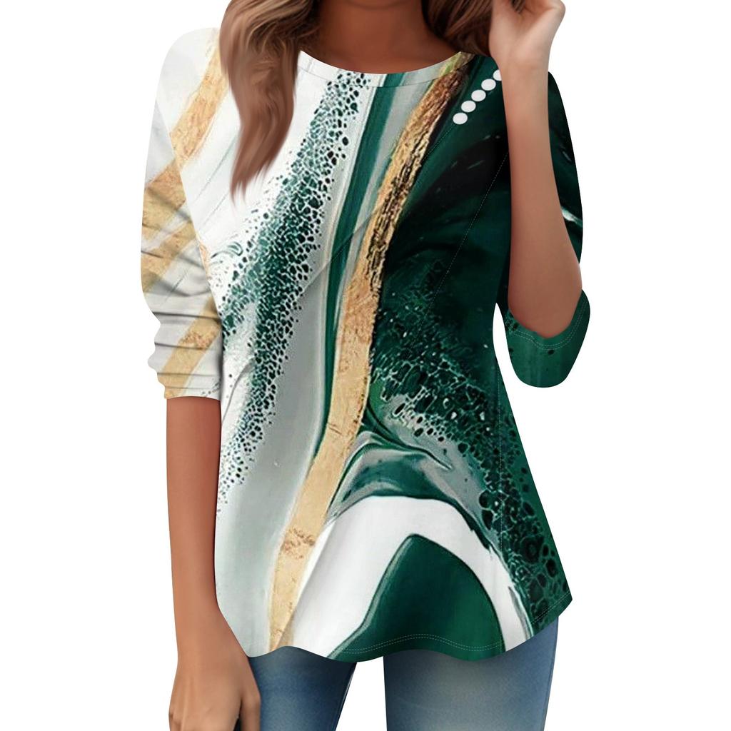 Women's Loose Casual Long Sleeve Top Round Neck Button Pull Stripe Prints T Shirt