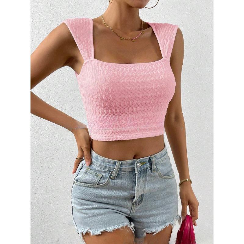Women's New Solid Color Square Neck Tight Crop Short Vest Top