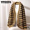 Autumn Winter V Neck Long Sleeve Sweater Women Casual Black Houndstooth Oversized Cardigans Female Vintage Knitted Sweaters