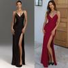 Женское Однотонное Макси-Платье Bodycon на Тонких Бретельках с V-образным Вырезом и Высоким Разрезом, Сексуальное Вечернее Платье для Вечеринки